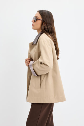 Contrast Collar Checked Lined Jacket Stone