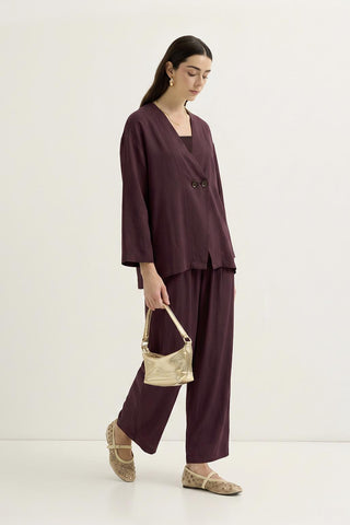 Wrap Front Modal Tunic Trousers Set Burgundy