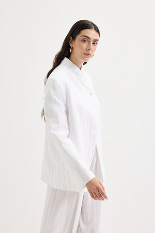 Double-Breasted Linen Blazer Jacket Camel