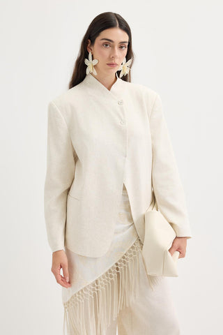 Double-Breasted Linen Blazer Jacket Natural