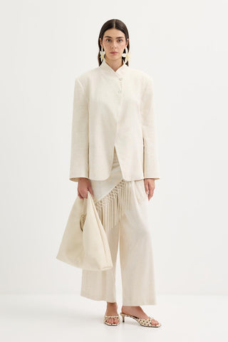 Double-Breasted Linen Blazer Jacket Natural