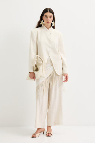 Double-Breasted Linen Blazer Jacket Natural