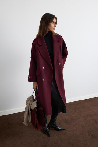 Double Bust Wool Coat with Epaulet Details Burgundy