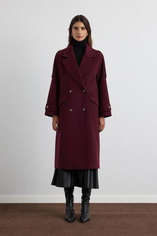 Double Bust Wool Coat with Epaulet Details Burgundy