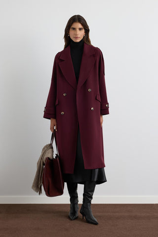 Double Bust Wool Coat with Epaulet Details Burgundy