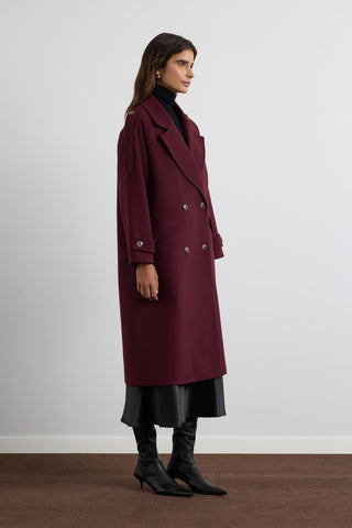 Double Bust Wool Coat with Epaulet Details Burgundy