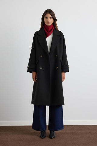 Double Bust Wool Coat with Epaulet Details Black