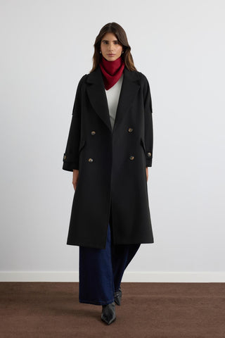 Double Bust Wool Coat with Epaulet Details Black