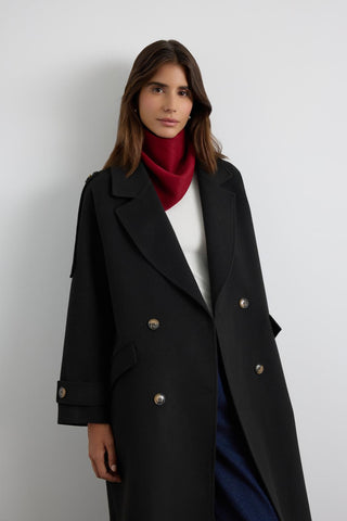 Double Bust Wool Coat with Epaulet Details Black