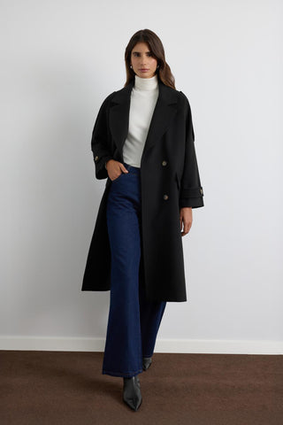 Double Bust Wool Coat with Epaulet Details Black