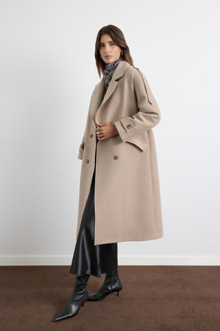 Double Bust Wool Coat with Epaulet Details Beige