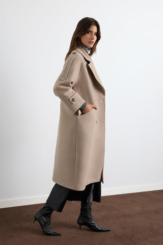 Double Bust Wool Coat with Epaulet Details Beige