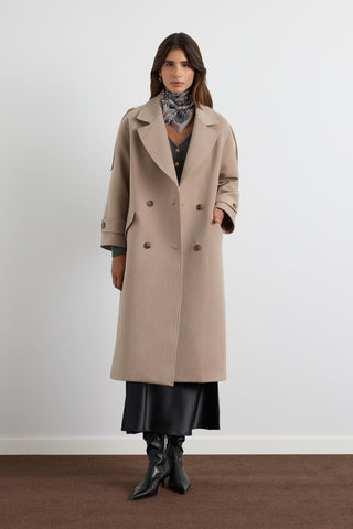 Double Bust Wool Coat with Epaulet Details Beige
