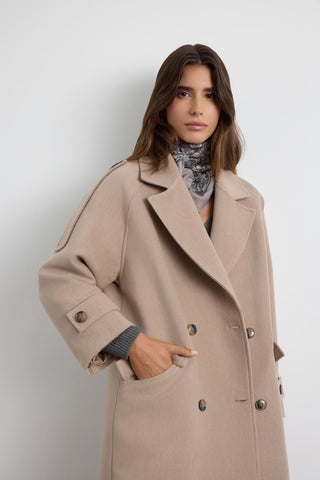 Double Bust Wool Coat with Epaulet Details Beige