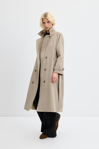 Double Bust Lined Long Trench Coat Light Green