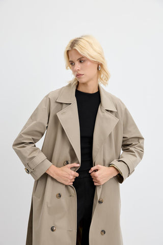 Double Bust Lined Long Trench Coat Light Green