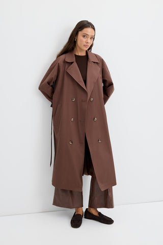 Double Bust Lined Long Trench Coat Brown