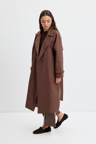 Double Bust Lined Long Trench Coat Brown