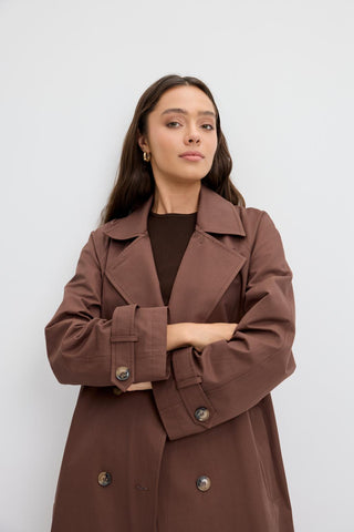 Double Bust Lined Long Trench Coat Brown