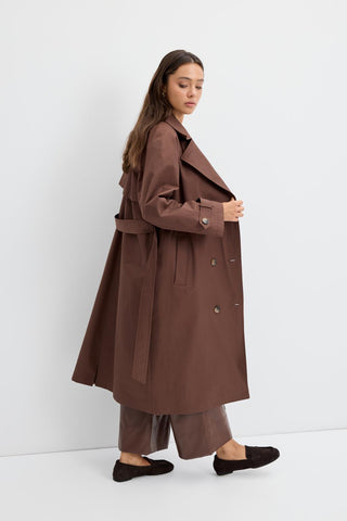 Double Bust Lined Long Trench Coat Brown