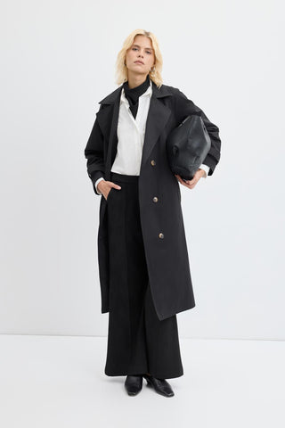 Double Bust Lined Long Trench Coat Black