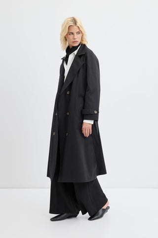 Double Bust Lined Long Trench Coat Black
