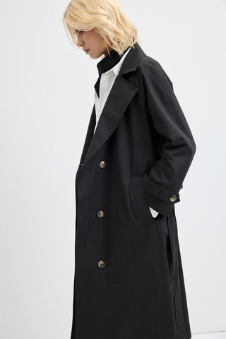 Double Bust Lined Long Trench Coat Black