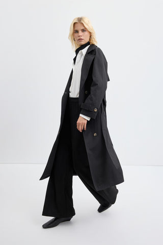 Double Bust Lined Long Trench Coat Black