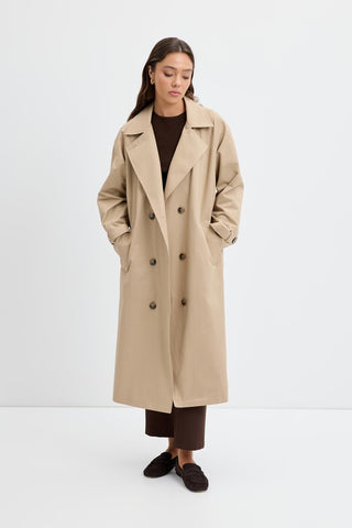 Double Bust Lined Long Trench Coat Stone