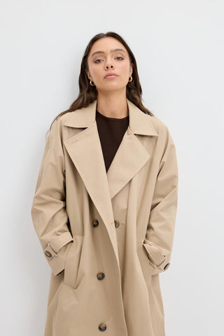Double Bust Lined Long Trench Coat Stone