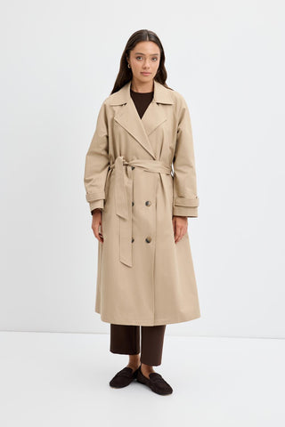 Double Bust Lined Long Trench Coat Stone