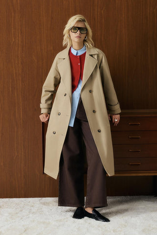 Double Bust Lined Long Trench Coat Stone