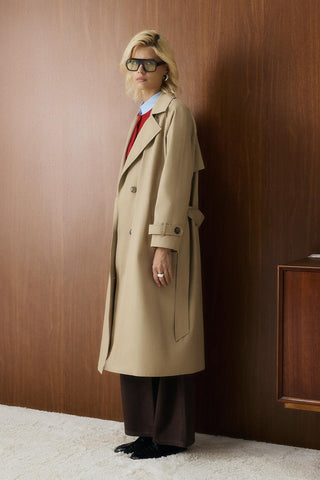 Double Bust Lined Long Trench Coat Stone