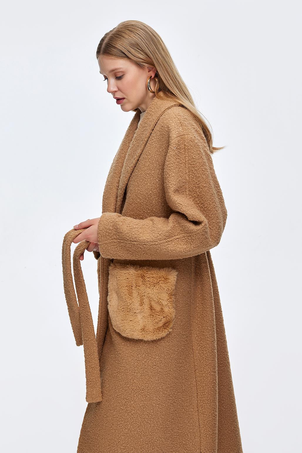Boucle Coat with Fur Pockets Camel
