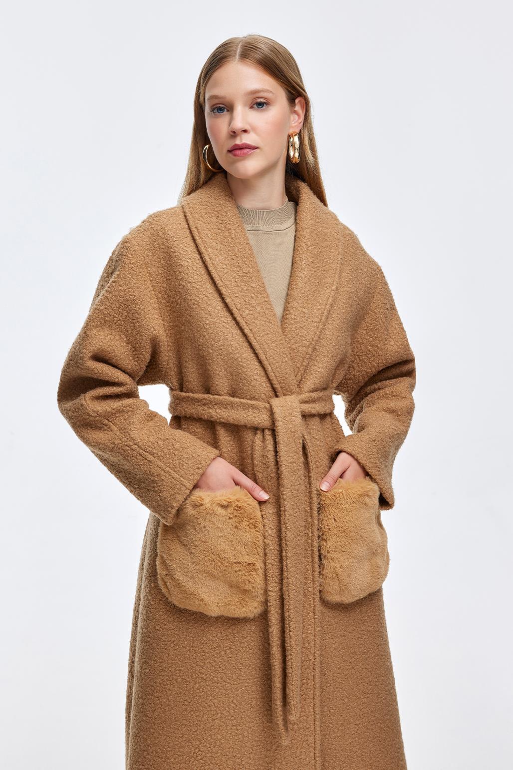 Boucle Coat with Fur Pockets Camel