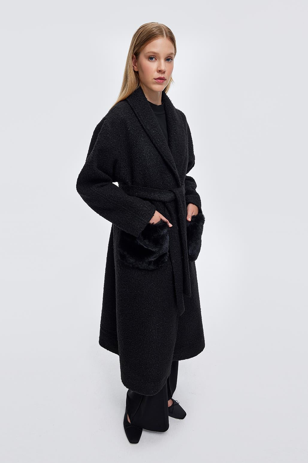 Boucle Coat with Fur Pockets Black