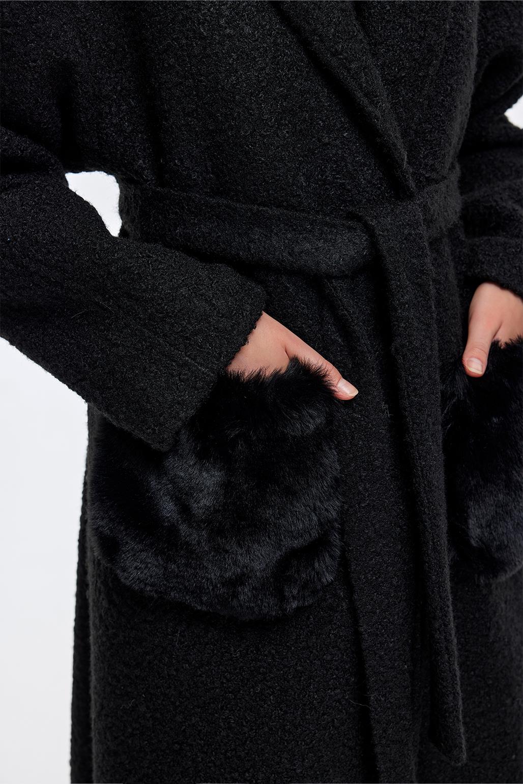 Boucle Coat with Fur Pockets Black