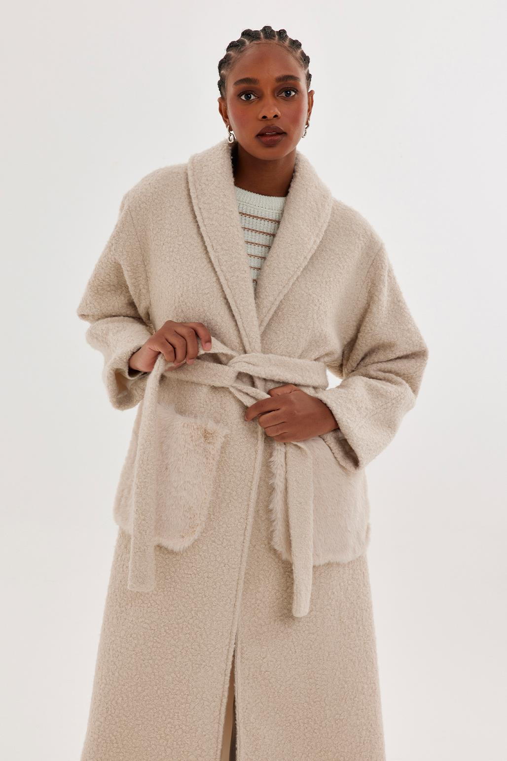 Boucle Coat with Fur Pockets Stone