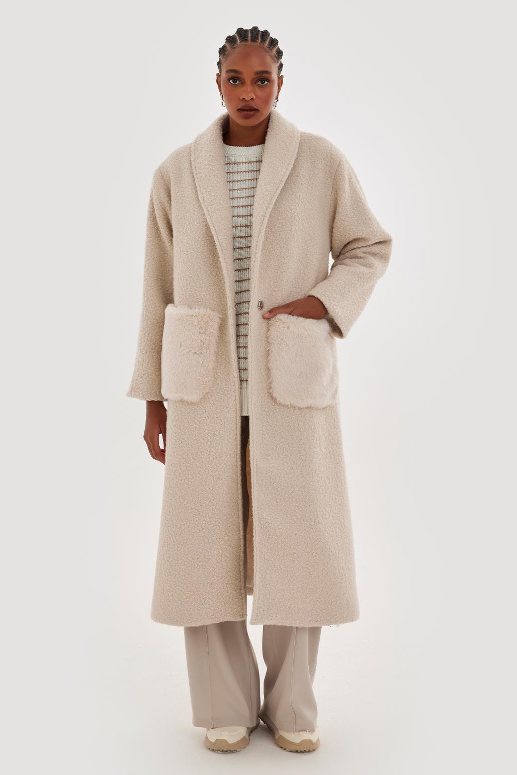 Boucle Coat with Fur Pockets Stone Kadriye Ba turk Global