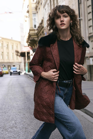 Faux Fur Collar Quilted Jacket Burgundy