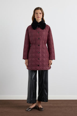 Faux Fur Collar Quilted Jacket Burgundy