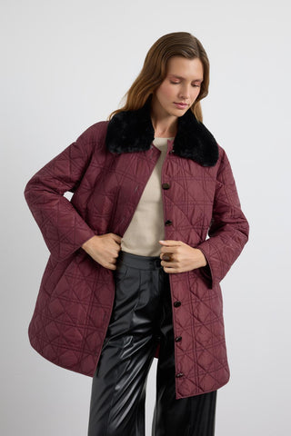 Faux Fur Collar Quilted Jacket Burgundy
