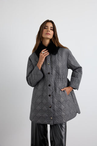 Faux Fur Collar Quilted Jacket Gray