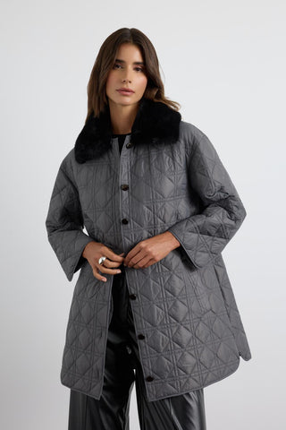Faux Fur Collar Quilted Jacket Gray