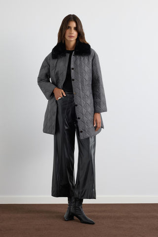 Faux Fur Collar Quilted Jacket Gray