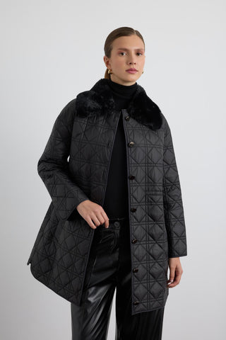Faux Fur Collar Quilted Jacket Black