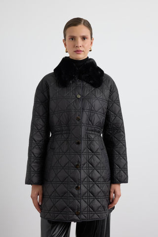 Faux Fur Collar Quilted Jacket Black
