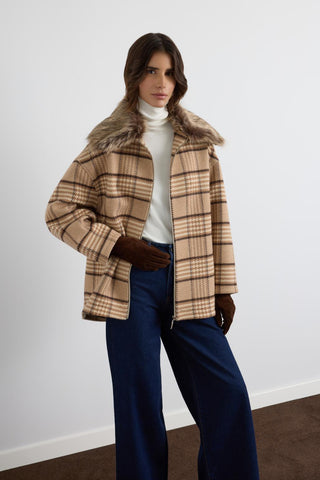 Checked Bomber Jacket with Fur Collar Camel