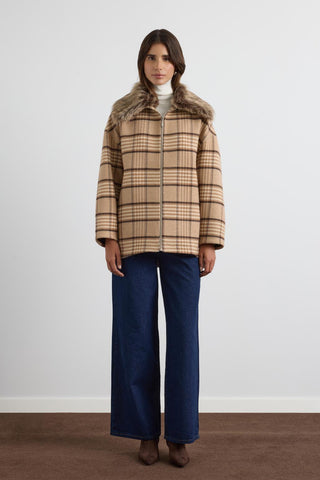 Checked Bomber Jacket with Fur Collar Camel