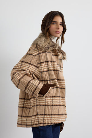 Checked Bomber Jacket with Fur Collar Camel